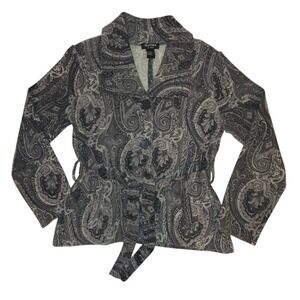 Clothes by Revue Jacket Sweater Lightweight 100% Wool Gray Paisley Medium Belted